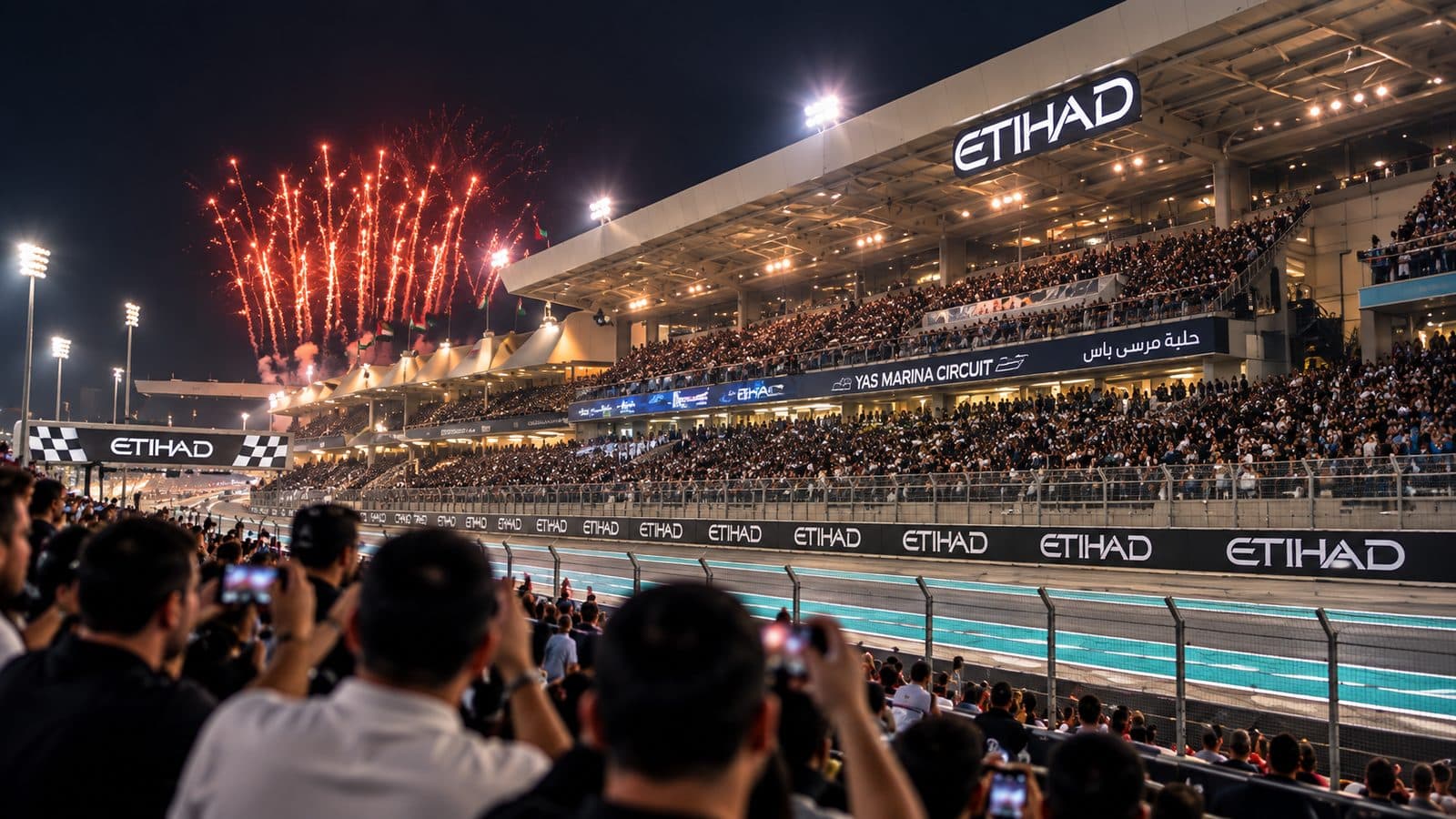 Yas Marina Circuit grandstand and event environment at night in Abu Dhabi