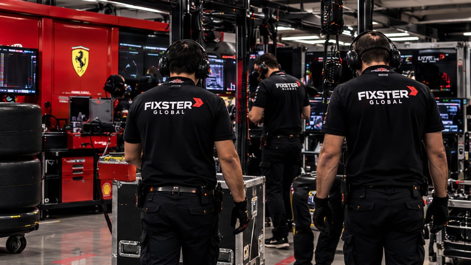 Fixster Global crew working in a garage environment during the Abu Dhabi motorsport event period
