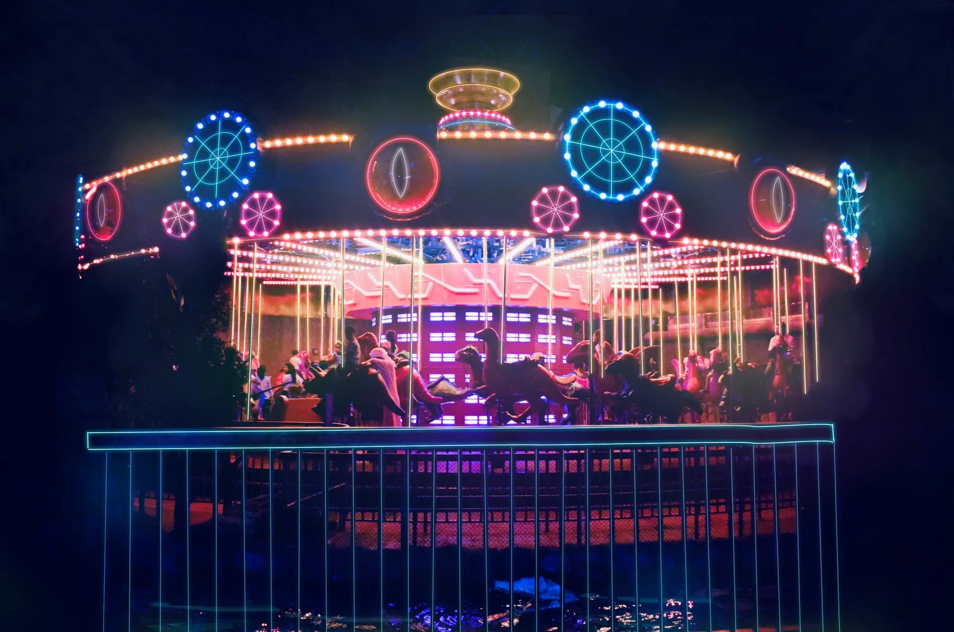 Illuminated Dubai amusement and festival environment at night