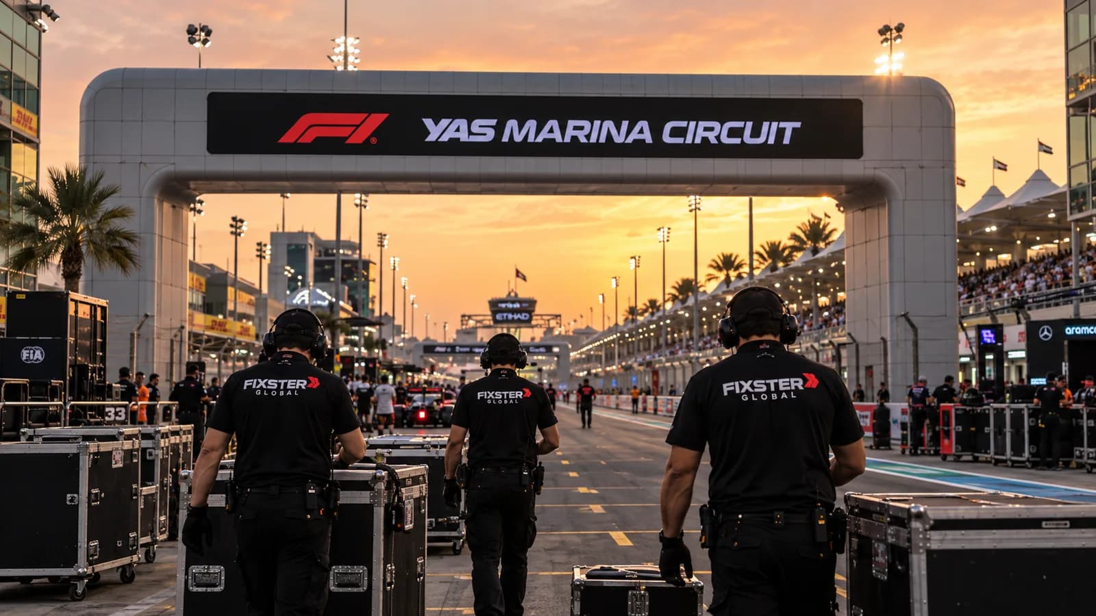Fixster Global crew moving through a Yas Island motorsport event environment in Abu Dhabi